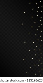 Many Random Falling Golden Stars Confetti on Dark Background. Beautiful Night Sky. Invitation Background. Banner, Greeting Card,  New Year and Christmas card, Postcard, Packaging, Textile Print.