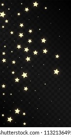 Many Random Falling Golden Stars Confetti on Black Background. Vector illustration. Invitation Background. Banner, Greeting Card,  New Year and Christmas card, Postcard, Packaging, Textile Print.