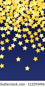 Many Random Falling Golden Stars Confetti. Invitation Background. Banner, Greeting Card, Christmas and New Year card, Postcard, Packaging, Textile Print. Beautiful Night Sky
