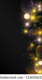 Many Random Falling Golden Stars Confetti on Dark Background. Vector illustration. Invitation Background. Banner, Greeting Card,  New Year and Christmas card, Postcard, Packaging, Textile Print.