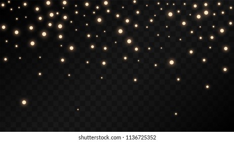Many Random Falling Golden Stars Confetti on Dark Background. Vector illustration. Invitation Background. Banner, Greeting Card,  New Year and Christmas card, Postcard, Packaging, Textile Print.