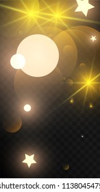 Many Random Falling Golden Stars Confetti on Black Background. Vector illustration. Invitation Background. Banner, Greeting Card,  New Year and Christmas card, Postcard, Packaging, Textile Print.
