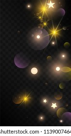 Many Random Falling Golden Stars Confetti on Black Background. Vector illustration. Invitation Background. Banner, Greeting Card,  New Year and Christmas card, Postcard, Packaging, Textile Print.