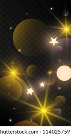 Many Random Falling Golden Stars Confetti on Dark Background. Beautiful Night Sky. Invitation Background. Banner, Greeting Card,  New Year and Christmas card, Postcard, Packaging, Textile Print.