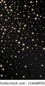 Many Random Falling Golden Stars Confetti on Black Background. Vector Stars Sky. Invitation Background. Banner, Greeting Card, Christmas and New Year card, Postcard, Packaging, Textile Print.