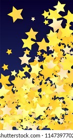 Many Random Falling Golden Stars Confetti. Invitation Background. Banner, Greeting Card, Christmas and New Year card, Postcard, Packaging, Textile Print. Beautiful Night Sky
