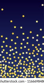 Many Random Falling Golden Stars Confetti. Invitation Background. Banner, Greeting Card, Christmas and New Year card, Postcard, Packaging, Textile Print. Beautiful Night Sky
