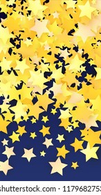 Many Random Falling Golden Stars Confetti. Invitation Background. Banner, Greeting Card, Christmas and New Year card, Postcard, Packaging, Textile Print. Beautiful Night Sky
