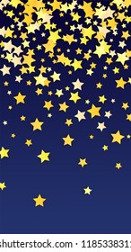 Many Random Falling Golden Stars Confetti. Invitation Background. Banner, Greeting Card, Christmas and New Year card, Postcard, Packaging, Textile Print. Beautiful Night Sky
