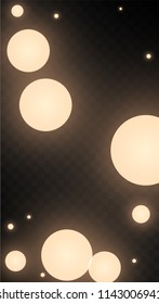 Many Random Falling Light Pink Circle Confetti on Black Background. Beautiful Night Sky. Invitation Background. Banner, Greeting Card,  New Year and Christmas card, Postcard, Packaging, Textile Print.