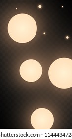 Many Random Falling Light Pink Circle Confetti on Black Background. Beautiful Night Sky. Invitation Background. Banner, Greeting Card,  New Year and Christmas card, Postcard, Packaging, Textile Print.