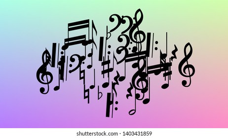Many Random Falling Notes, Bass and, Treble Clef. Black Musical Notes Symbol Falling on Hologram Background. Disco Vector Template with Musical Symbols.