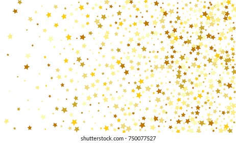 Many Random Falling Stars Confetti on White Sky Background. Invitation Background. Banner, Greeting Card, Christmas and New Year card, Postcard, Packaging, Textile Print. Beautiful Starry Sky