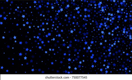 Many Random Falling Stars Confetti on Dark Sky Background. Invitation Background. Banner, Greeting Card, Christmas and New Year card, Postcard, Packaging, Textile Print. Beautiful Night Sky