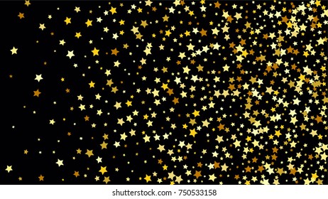Many Random Falling Stars Confetti on Dark Sky Background. Invitation Background. Banner, Greeting Card, Christmas and New Year card, Postcard, Packaging, Textile Print. Beautiful Night Sky