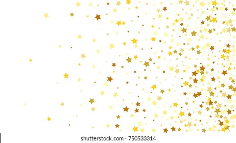 Many Random Falling Stars Confetti on White Sky Background. Invitation Background. Banner, Greeting Card, Christmas and New Year card, Postcard, Packaging, Textile Print. Beautiful Starry Sky