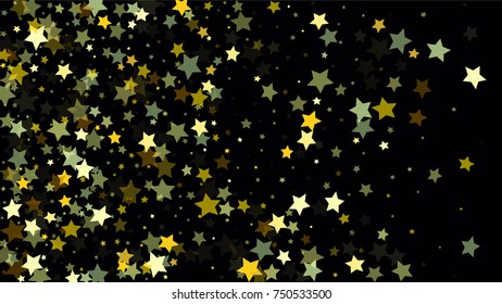 Many Random Falling Stars Confetti on Dark Sky Background. Invitation Background. Banner, Greeting Card, Christmas and New Year card, Postcard, Packaging, Textile Print. Beautiful Night Sky