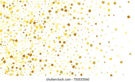 Many Random Falling Stars Confetti on White Sky Background. Invitation Background. Banner, Greeting Card, Christmas and New Year card, Postcard, Packaging, Textile Print. Beautiful Starry Sky