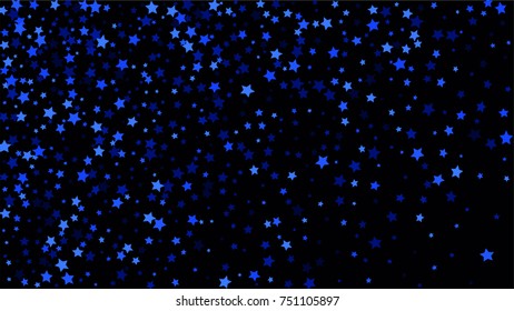 Many Random Falling Stars Confetti on Dark Sky Background. Invitation Background. Banner, Greeting Card, Christmas and New Year card, Postcard, Packaging, Textile Print. Beautiful Night Sky
