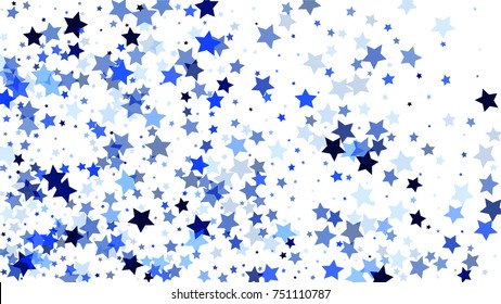 Many Random Falling Stars Confetti on White Sky Background. Invitation Background. Banner, Greeting Card, Christmas and New Year card, Postcard, Packaging, Textile Print. Beautiful Starry Sky