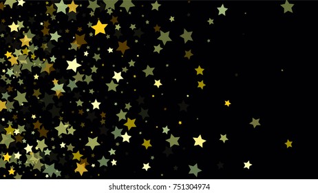 Many Random Falling Stars Confetti on Dark Sky Background. Invitation Background. Banner, Greeting Card, Christmas and New Year card, Postcard, Packaging, Textile Print. Beautiful Night Sky