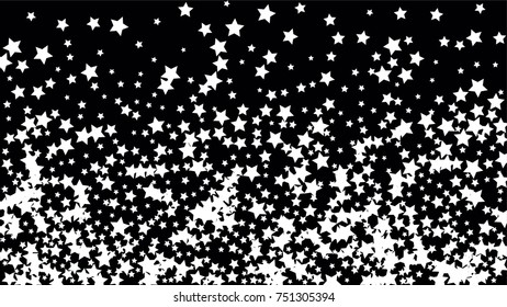 Many Random Falling Stars Confetti on Dark Sky Background. Invitation Background. Banner, Greeting Card, Christmas and New Year card, Postcard, Packaging, Textile Print. Beautiful Night Sky