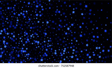 Many Random Falling Stars Confetti on Dark Sky Background. Invitation Background. Banner, Greeting Card, Christmas and New Year card, Postcard, Packaging, Textile Print. Beautiful Night Sky