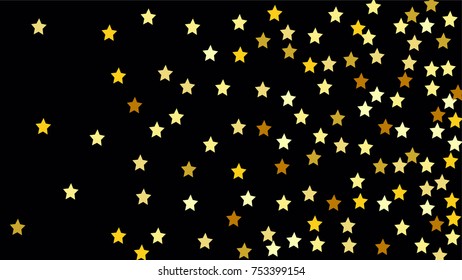Many Random Falling Stars Confetti on Dark Sky Background. Invitation Background. Banner, Greeting Card, Christmas and New Year card, Postcard, Packaging, Textile Print. Beautiful Night Sky