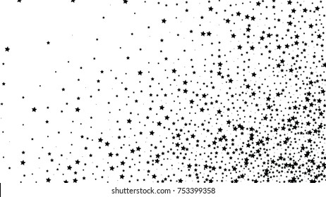 Many Random Falling Stars Confetti on White Sky Background. Invitation Background. Banner, Greeting Card, Christmas and New Year card, Postcard, Packaging, Textile Print. Beautiful Starry Sky