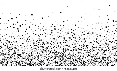 Many Random Falling Stars Confetti on White Sky Background. Invitation Background. Banner, Greeting Card, Christmas and New Year card, Postcard, Packaging, Textile Print. Beautiful Starry Sky
