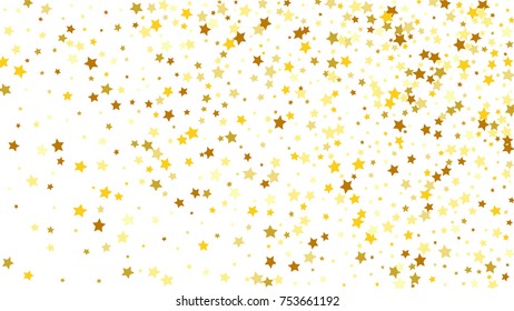 Many Random Falling Stars Confetti on White Sky Background. Invitation Background. Banner, Greeting Card, Christmas and New Year card, Postcard, Packaging, Textile Print. Beautiful Starry Sky