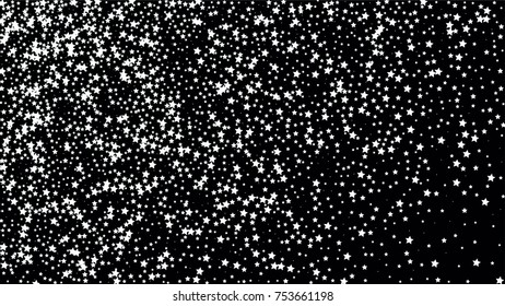 Many Random Falling Stars Confetti on Dark Sky Background. Invitation Background. Banner, Greeting Card, Christmas and New Year card, Postcard, Packaging, Textile Print. Beautiful Night Sky