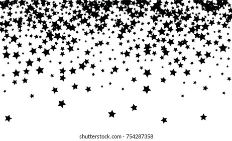Many Random Falling Stars Confetti on White Sky Background. Invitation Background. Banner, Greeting Card, Christmas and New Year card, Postcard, Packaging, Textile Print. Beautiful Starry Sky