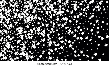 Many Random Falling Stars Confetti on Dark Sky Background. Invitation Background. Banner, Greeting Card, Christmas and New Year card, Postcard, Packaging, Textile Print. Beautiful Night Sky