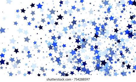 Many Random Falling Stars Confetti on White Sky Background. Invitation Background. Banner, Greeting Card, Christmas and New Year card, Postcard, Packaging, Textile Print. Beautiful Starry Sky