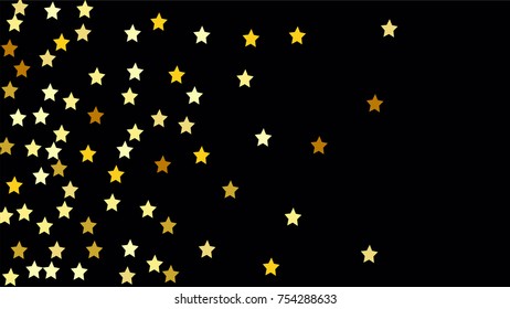Many Random Falling Stars Confetti on Dark Sky Background. Invitation Background. Banner, Greeting Card, Christmas and New Year card, Postcard, Packaging, Textile Print. Beautiful Night Sky
