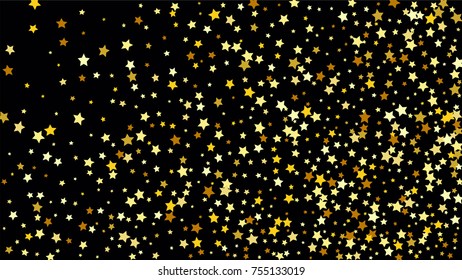 Many Random Falling Stars Confetti on Dark Sky Background. Invitation Background. Banner, Greeting Card, Christmas and New Year card, Postcard, Packaging, Textile Print. Beautiful Night Sky
