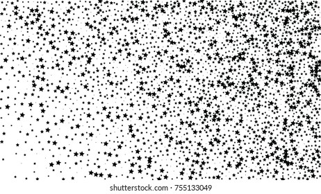 Many Random Falling Stars Confetti on White Sky Background. Invitation Background. Banner, Greeting Card, Christmas and New Year card, Postcard, Packaging, Textile Print. Beautiful Starry Sky