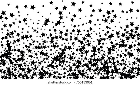 Many Random Falling Stars Confetti on White Sky Background. Invitation Background. Banner, Greeting Card, Christmas and New Year card, Postcard, Packaging, Textile Print. Beautiful Starry Sky