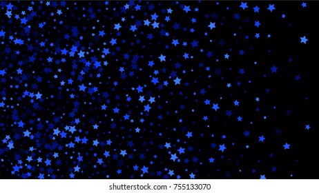 Many Random Falling Stars Confetti on Dark Sky Background. Invitation Background. Banner, Greeting Card, Christmas and New Year card, Postcard, Packaging, Textile Print. Beautiful Night Sky