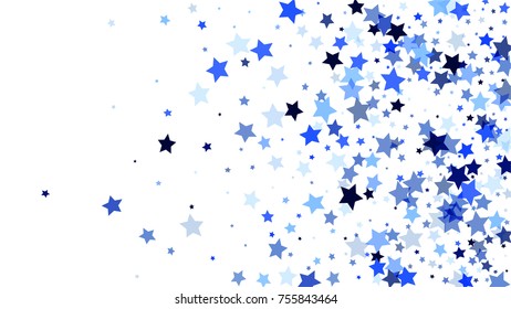 Many Random Falling Stars Confetti on White Sky Background. Invitation Background. Banner, Greeting Card, Christmas and New Year card, Postcard, Packaging, Textile Print. Beautiful Starry Sky