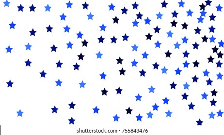 Many Random Falling Stars Confetti on White Sky Background. Invitation Background. Banner, Greeting Card, Christmas and New Year card, Postcard, Packaging, Textile Print. Beautiful Starry Sky