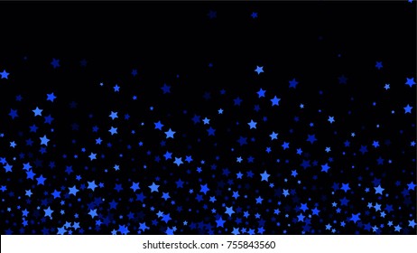 Many Random Falling Stars Confetti on Dark Sky Background. Invitation Background. Banner, Greeting Card, Christmas and New Year card, Postcard, Packaging, Textile Print. Beautiful Night Sky