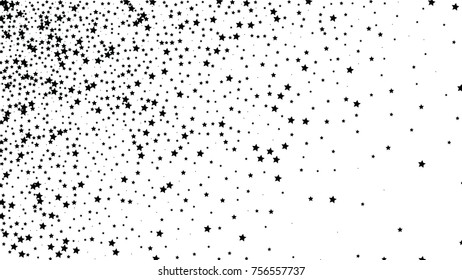 Many Random Falling Stars Confetti on White Sky Background. Invitation Background. Banner, Greeting Card, Christmas and New Year card, Postcard, Packaging, Textile Print. Beautiful Starry Sky