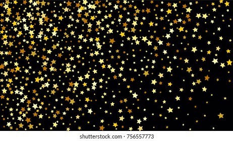 Many Random Falling Stars Confetti on Dark Sky Background. Invitation Background. Banner, Greeting Card, Christmas and New Year card, Postcard, Packaging, Textile Print. Beautiful Night Sky