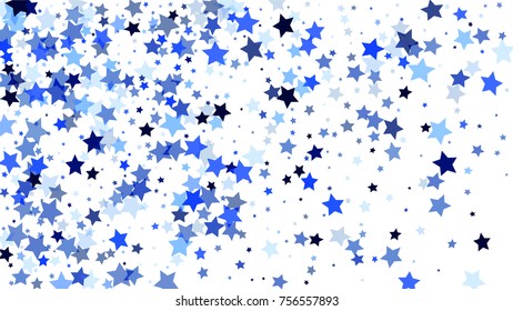 Many Random Falling Stars Confetti on White Sky Background. Invitation Background. Banner, Greeting Card, Christmas and New Year card, Postcard, Packaging, Textile Print. Beautiful Starry Sky