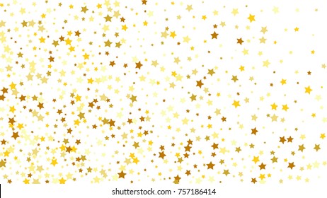 Many Random Falling Stars Confetti on White Sky Background. Invitation Background. Banner, Greeting Card, Christmas and New Year card, Postcard, Packaging, Textile Print. Beautiful Starry Sky