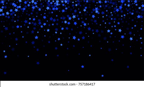 Many Random Falling Stars Confetti on Dark Sky Background. Invitation Background. Banner, Greeting Card, Christmas and New Year card, Postcard, Packaging, Textile Print. Beautiful Night Sky