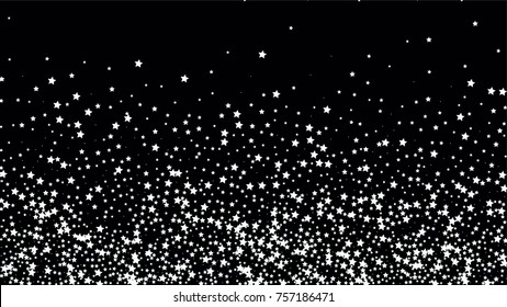 Many Random Falling Stars Confetti on Dark Sky Background. Invitation Background. Banner, Greeting Card, Christmas and New Year card, Postcard, Packaging, Textile Print. Beautiful Night Sky