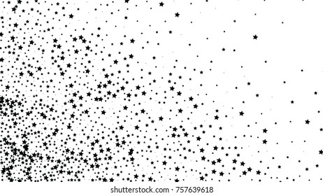 Many Random Falling Stars Confetti on White Sky Background. Invitation Background. Banner, Greeting Card, Christmas and New Year card, Postcard, Packaging, Textile Print. Beautiful Starry Sky